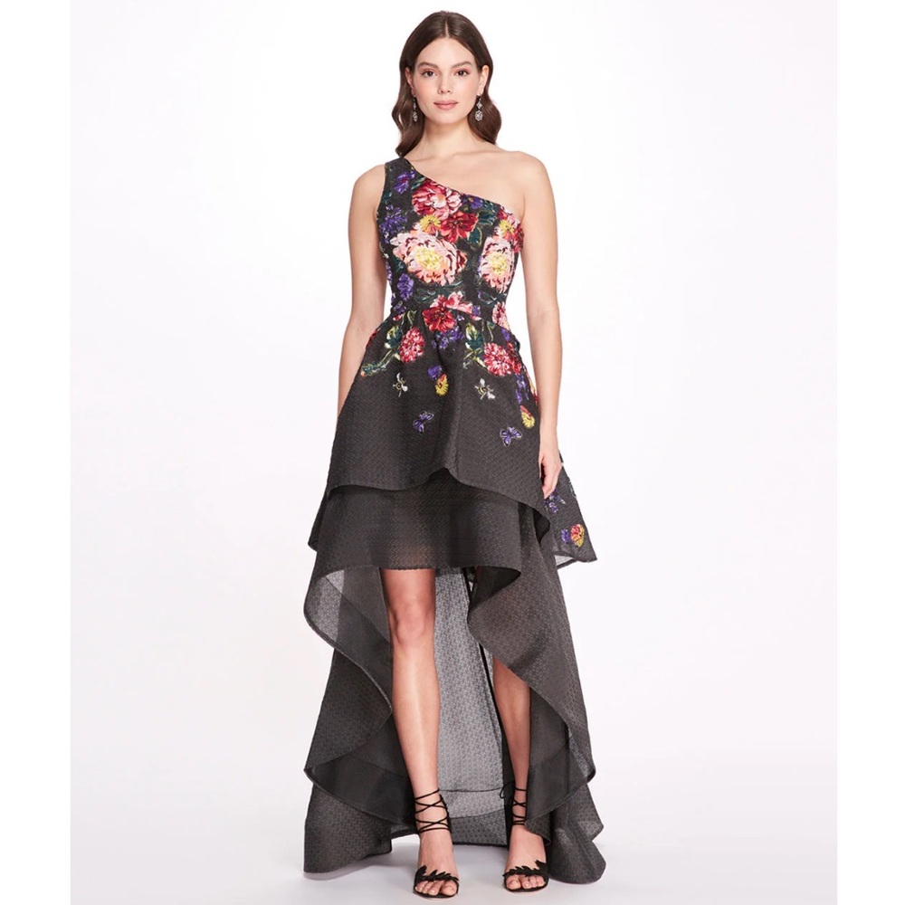 Marchesa Notte Floral Dégradé Tiered High-Low Cocktail Dress in Black/Pink